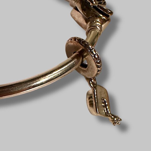 Pandora Heart Charm Sterling Silver Bangle Bracelet, w/Graduation Cap Charm, Wit - Picture 14 of 16